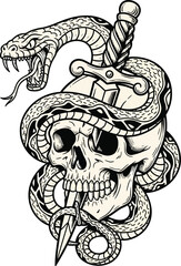 Skull and snake tattoo vector, gothic skull and snake vector, snake and dagger skull, snake wrapped around skull vector illustration