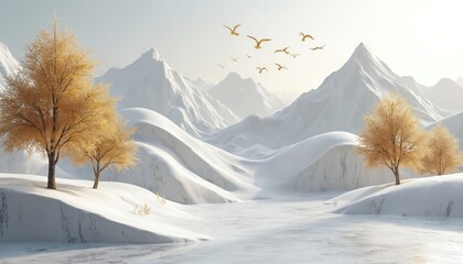 Golden trees stand on snow covered hills. White mountain range stretches into distance. Flock of birds flies across pale sky during daytime. Peaceful winter landscape unfolds.