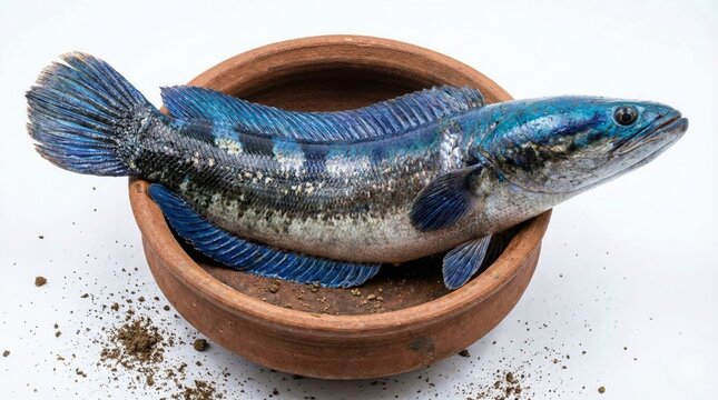 Blue Snakehead Fish (Channa Species) in Traditional Indian Clay Pot - Neela Vaha Varal Freshwater Fish from Kerala, High Quality Product Photography Isolated on White Background.