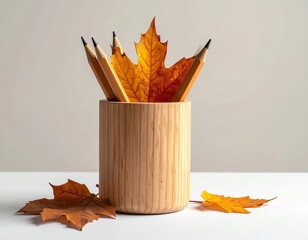 Wooden pencil holder with pencils, Generated image	
