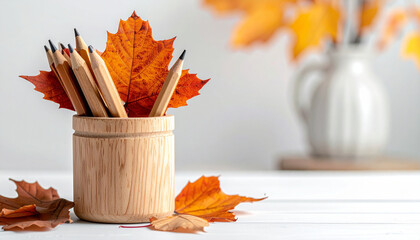 Wooden pencil holder with pencils, Generated image	
