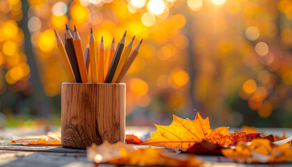 Wooden pencil holder with pencils, Generated image	
