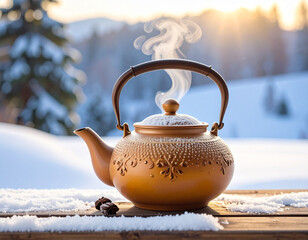 Ceramic teapot with steam, Generated image