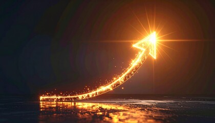 Fiery upward arrow glowing with radiant light and particles on dark reflective background, symbolizing success.