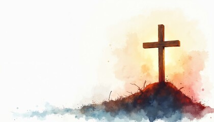 Wooden cross stands on a hill at sunrise. Watercolor style art depicts religious symbol against bright sky. Represents faith hope and spirituality. Copy space on left side.