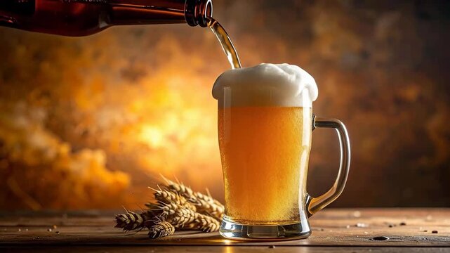 Refreshing beer is poured into a glass with a frothy head, sitting on wooden surface.