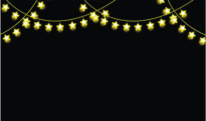 Glowing Golden Star String Lights on Black Background Festive Night Banner