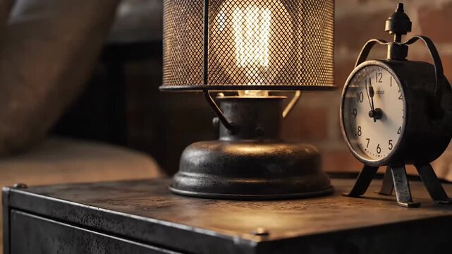 Vintage Elegance Still Life Lamp And Clock On Nightstand An Aesthetic Decorative Arrangement