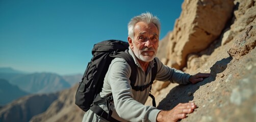 Elderly man with backpack climbs rocky mountain terrain. He looks at camera with smile. Active senior enjoys hike, reaching summit goal. Clear sky above.