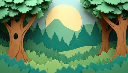 Paper forest scene with layered trees hills and sun. Green foliage and brown trunks create nature landscape. Eco theme illustration with abstract mountain shapes and circular yellow light.