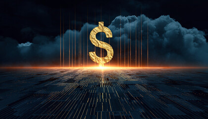 Golden dollar symbol floating above a dark surface with cloudy sky in the background