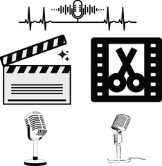 Video and Audio Production Icon Set &mdash; Microphone, Film Clapperboard, Sound Wave and Video Editing Symbols Vector Illustration Isolated on White