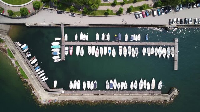 View from above of the port of Luino, Maggiore lake, Italy
