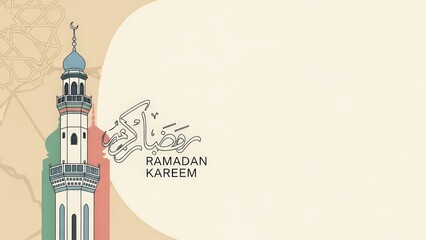 Obraz premium Ramadan Kareem Greeting with Detailed Minaret and Arabic Calligraphy on Light Background with Abstract Shape.