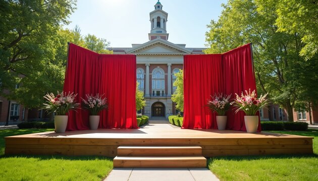 Wooden stage with red drapes and flower arrangements outside building. Outdoor commencement ceremony setup with formal decorations for academic achievement celebration event.