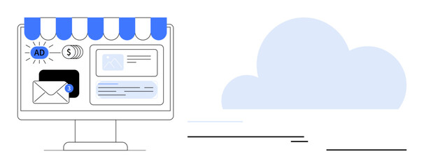 Computer monitor under store awning showcasing ads, messages, and notifications for online marketing. Cloud icon symbolizes integration. Ideal for e-commerce, marketing, technology, advertising