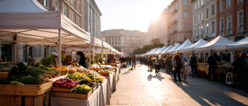Outdoor farmers market with fresh vegetables and produce displayed under white tents in a sunlit urban square during late afternoon