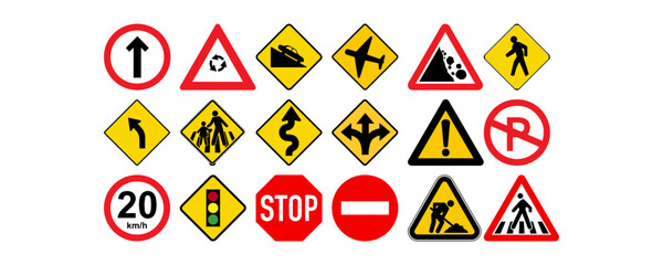 Traffic road signs vector set isolated on white background.