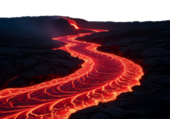 Flowing Lava River Against a Dark Landscape at Night isolated on transparent cutout background, cut out, png