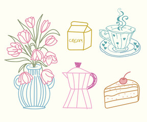 Cozy illustration set with tulip vase, hot coffee, moka pot and cake slice in hand-drawn style. Perfect for caf&eacute; branding, menus, lifestyle blogs, posters, packaging and social media content.