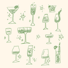 Collection of doodle cocktail and party drink glasses in modern line art style. Great for bar menus, event posters, party invitations, branding elements and decorative design projects.