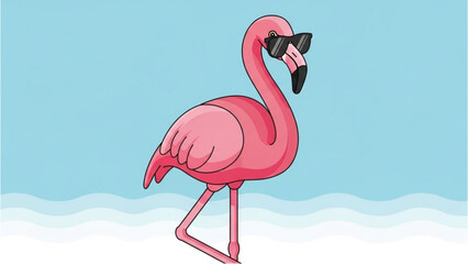A vibrant flamingo standing on one leg on a sunny beach, wearing sunglasses, against a serene ocean backdrop with gentle waves.