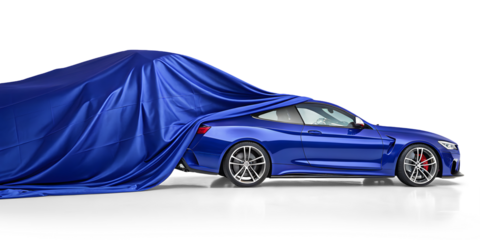 A blue curtail covering a car underneath isolated on a white or transparent background.