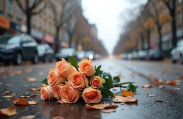 Peach roses lie on a wet city street with fallen leaves. Cars pass by on the rainy urban avenue. The abandoned floral bouquet suggests themes of lost love, sadness, and farewell.