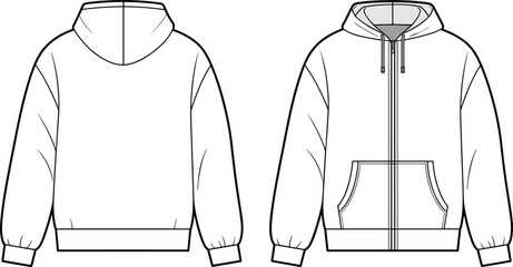 CAD streetwear flat vector illustration of blank pullover and zip up hoodie technical drawing templates for fashion design apparel mockups © Creatives Selim