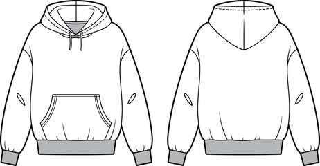 CAD streetwear flat vector illustration of a blank oversized hoodie technical drawing template for fashion design and apparel branding mockup © Creatives Selim
