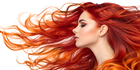 Red female hair transforming into fire flames and flowing red hair transforms into dynamic flames isolated on a white or transparent background.