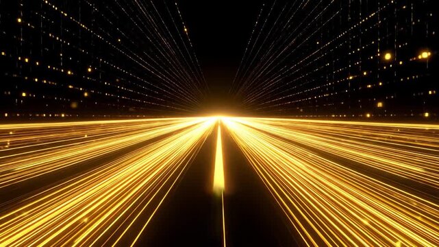 Abstract golden light streaks and dot matrix on a dark backdrop for futuristic design.