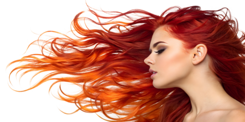 Red female hair transforming into fire flames and flowing red hair transforms into dynamic flames isolated on a white or transparent background.