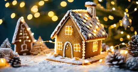 Gingerbread houses covered snow, illuminated lights. Festive winter scene evokes holiday spirit, cozy warmth.