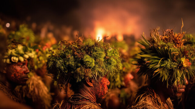Sacred offerings and ritual plants illuminated by fire during Fete du Vodoun ceremony