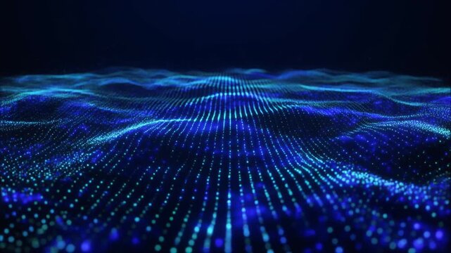 Abstract blue digital wave pattern formed by countless small dots, representing data flow and technology