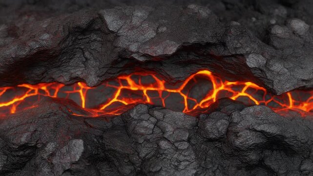 Vibrant molten lava flows through deep, jagged fissures in dark, textured volcanic rock, creating a dramatic and fiery underworld glow