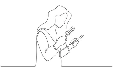 Continuous one line drawing of woman examining information on smartphone with magnifying glass, symbolizing fact-checking, and mindful interaction with technology, single line art.