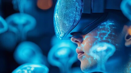 selective focus person wearing sleek vr headset immersed in virtual underwater world