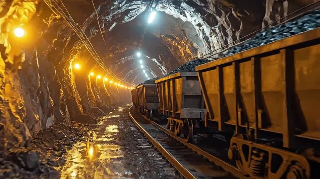 Underground mine train carrying raw materials through a dark tunnel.