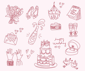 Hand-drawn wedding doodle icon set with flowers, rings, wedding cake, champagne and love symbols. Simple romantic line art perfect for invitations, cards, posters, planners and wedding themed designs.