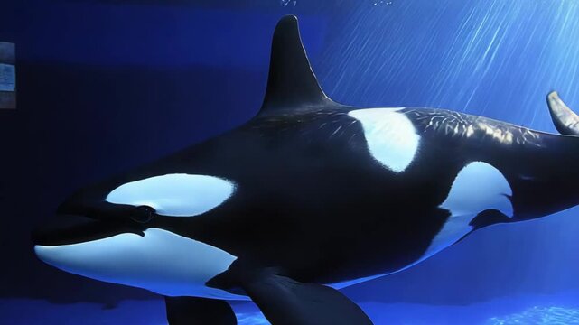 selective focus giant orca swimming gracefully in massive aquarium tank