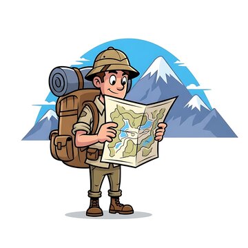 Cartoon Adventurer and Explorer with Backpack and Pith Hat Examining a Map in Front of Snowy Mountains