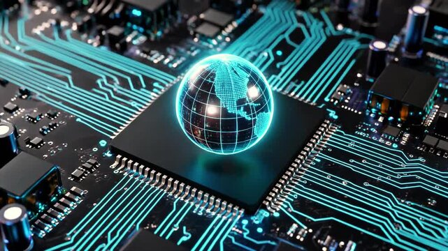 A glowing globe hovers above a CPU on a motherboard, symbolizing global data flow and digital infrastructure.