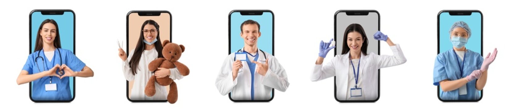 Set of doctors popping out of smartphone screens on white background