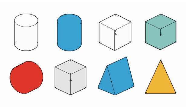3D geometric shapes with linear faces cylinder, cube, prism, and triangle vector illustration