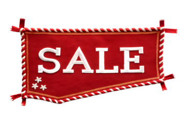 A red sale tag label  with white text isolated on a white or transparent background.