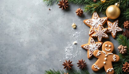 Christmas gingerbread cookies star shapes and man figure on grey surface with pine branches. Festive sweet pastry with icing sugar dusted like snow. Merry holiday baking for winter celebration.