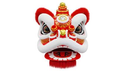 Vibrant red and white lion dance head with intricate designs isolated on transparent background for cultural celebrations