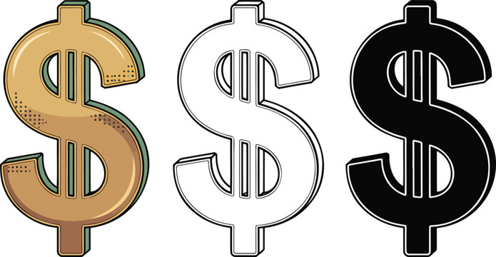 Doller sign silhouette & Outline and illustration set isolated on transparent background